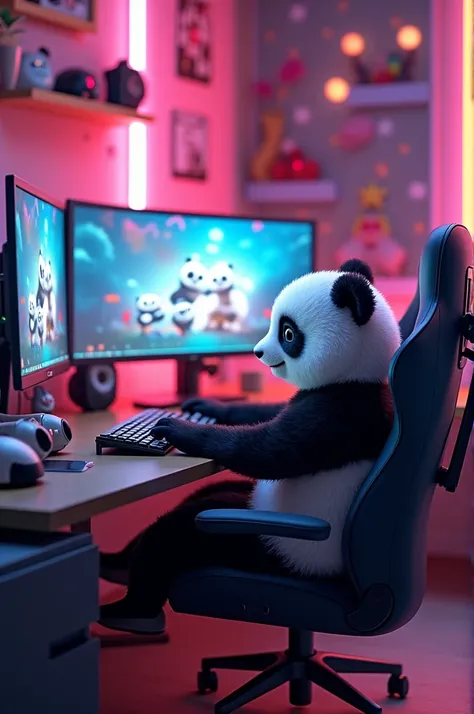 Panda BOY Streaming and playing game in his gaming room with cool background 
