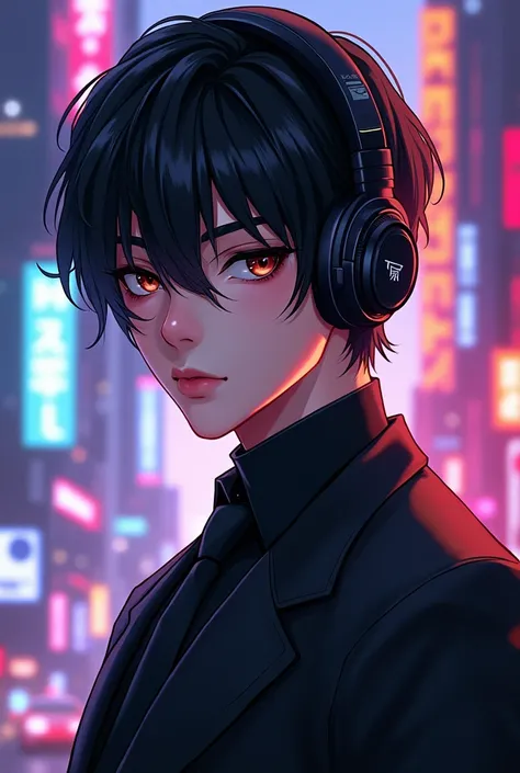 (absurdres, highres, ultra detailed, realistic, ), 1 18 year-old，boy, solo, elegance，  black hair, suits,brown eyes,  (headphone)，cyberpunk city background, ultra - detailed, best quality, Detailed diagram, vectorized, 8K,  Graphic design, vector lines, Fu...