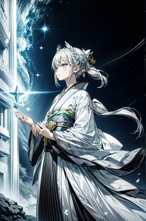 The Strongest Silver-Haired Girl　ephemeral　Mysterious　Best Quality　Starry Sky　Sparkle　emphasize　mysterious　kimono