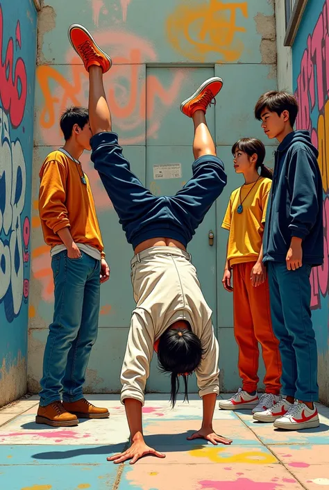 Chic feeling。
Asian adult Japanese manga style costume wear。
Something that is loose。
Street fashion is dominated by men。Four men and women form a circle。
The main character looks away while doing a handstand breakdance。
Graffiti on a more exciting backgro...