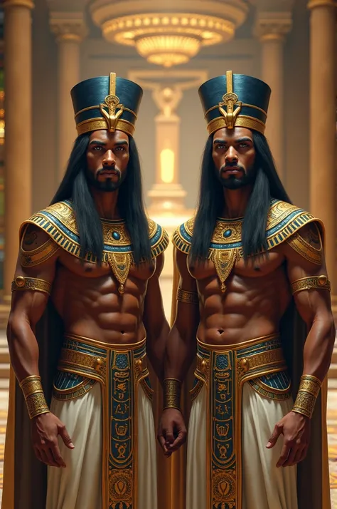 2 man, dark skin, gray blue eyes, black hair, Pharaoh&#39;s dress 