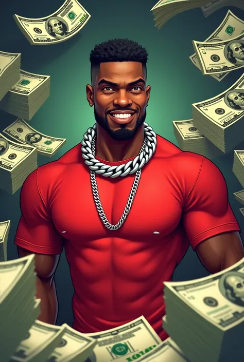 Animation black man in a red t shirt an a big silver chain with a lot of money hundred of u s bricjs