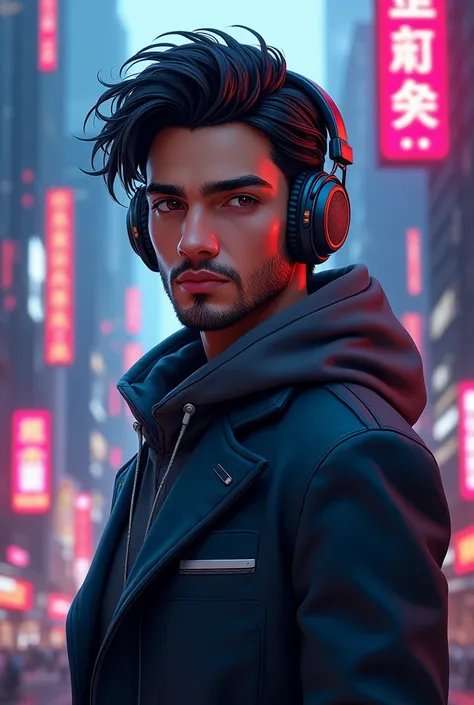 (absurdres, highres, ultra detailed, realistic, ), 1 18 year-old，boy, solo, elegance，  black hair, suits,brown eyes,  (headphone)，cyberpunk city background, ultra - detailed, best quality, Detailed diagram, vectorized, 8K,  Graphic design, vector lines, Fu...