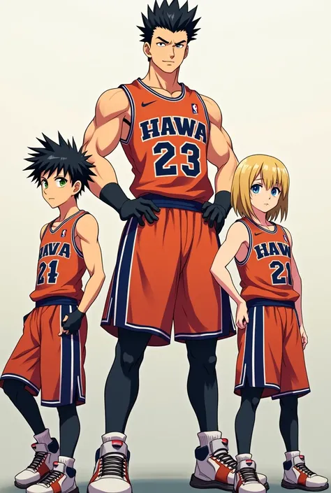 Three men anime, one with dangerous hair and green eyes, tall and a little muscular, The one in the middle with black hair and gray eyes who is the tallest and most muscular and the last one with blond hair and blue eyes with basketball uniforms all 3
