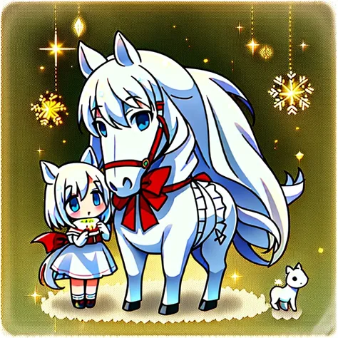 Pure white mare and foal　Thoroughbred parent and child　white christmas night　A pure white horse dressed as Santa Claus　Foal dressed as Santa Claus　Horse parent and child　A pure white horse wearing a Santa Claus costume　A silvery white Christmas　Not on eart...