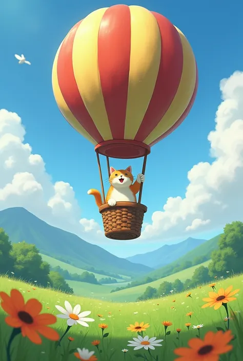 A cat is flying on a big balloon over a wide Ghibli-style meadow。Flowers blowing in the wind、It&#39;s swaying as if it&#39;s waving at a cat.。There are mountain ranges in the distance、There are white clouds floating in the blue sky。The cat looks happy、The ...