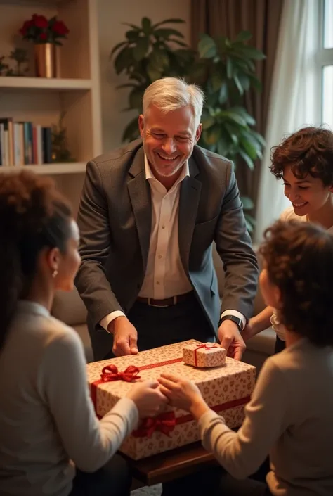 Men giving gift to his relatives and receiving gift from them
