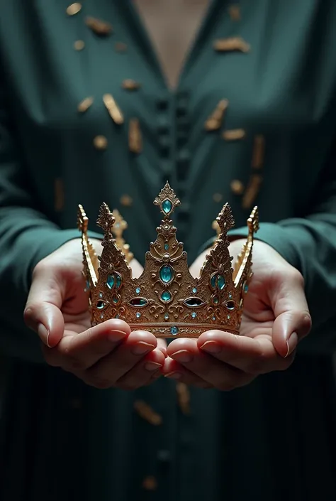 An image of hands holding a beautiful crown, with a black and fragmented background