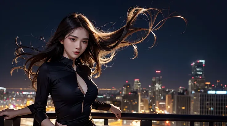 Depicts a woman enjoying the evening breeze on a city rooftop，wearing a tight shirt，The fabric of the shirt flutters in the wind，Pretty long hair shines in the night，face focus，The seductive eyes reveal expectations for the future。