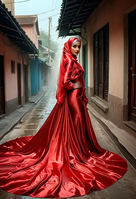 A woman shrouded in a 10-meter-long,woman plush red semi transparent satin shimmer cloth, tightly bound and grandly draping along the form of her body, poof style on the bottom outfit, flowing off into a pooled floor-length train, styled in a mermaid-inspi...