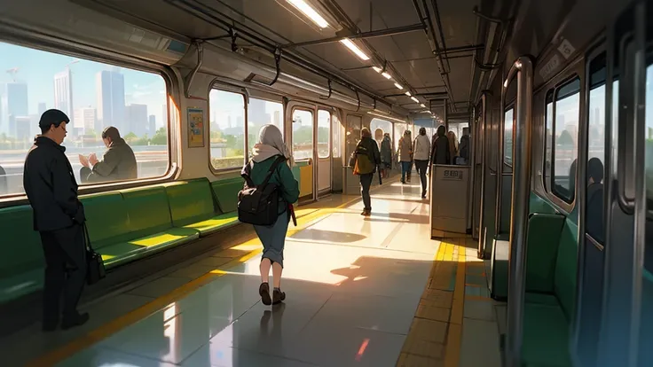 People passing by, landscape concept art, studio art, background animation, train, dim subway