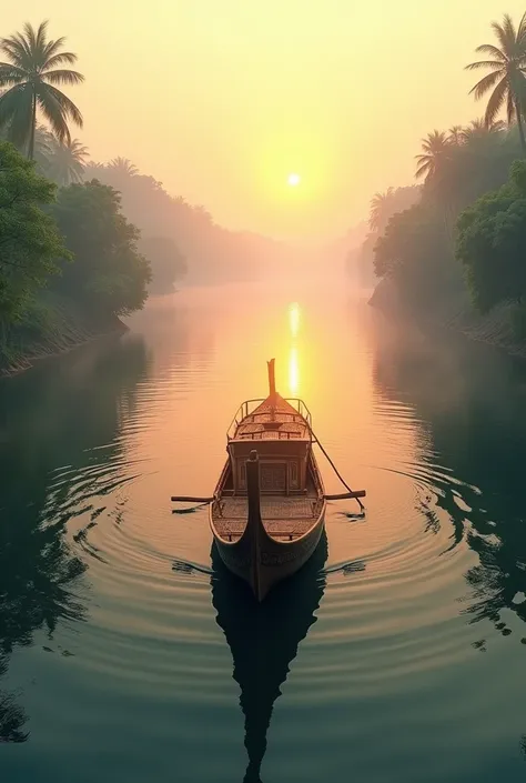 A small kattovillam boat in a big rivers 
side in sun rising moments