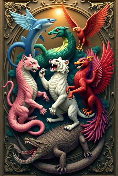 Create an emblem with the following animals and their colors, a pink snake, A blue shark, a white tiger, a green dragon, a red eagle, a purple peacock and a brown crocodile.