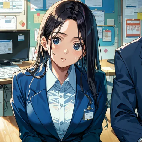 ((Best Quality)), ((masterpiece)), (detailed), （Perfect Face）、The woman is Satomi Ishihara, black hair and wearing an office lady suit.、In the president&#39;s office, the woman hugs and kisses the president&#39;s old man, inserts his penis into her pussy, ...