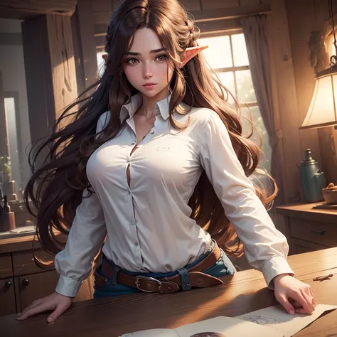 ((best quality))) (((HD))) (((8k))) (character) 20-year-old woman, ((adventurous)) elf, ((beautiful)) and ((happy)), ((brown hair)) and ((long hair)), voluptuous, Brown hair, fit body, large breasts, hourglass figure ((white shirt) and (long sleeve mens bu...