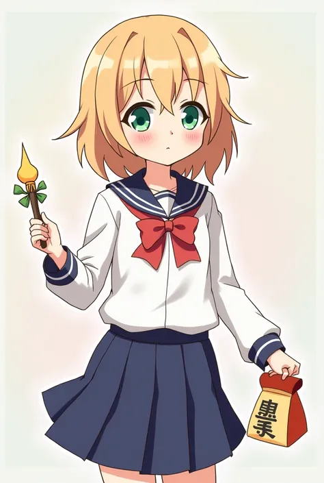 Sakura Kinomoto，Wearing the school uniform from the anime，And holding a bird-head magic wand and a Japanese lucky bag in his hand，The lucky bag has &quot;福赏&quot; written on it.