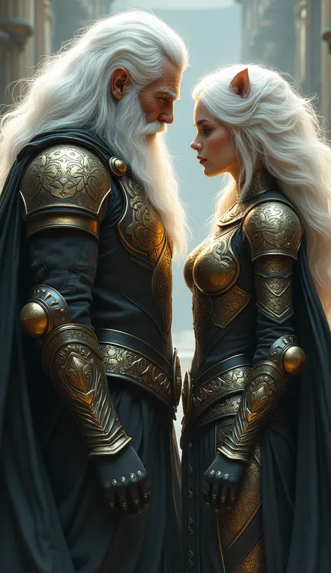 A white haired man ,very long white shiny hair, and woman with black and gold armor and a cape related to the Knights of the Zodiac, His armor will have the combination of a lion spirit and a puma and his human companion with a white armor with the spirit ...