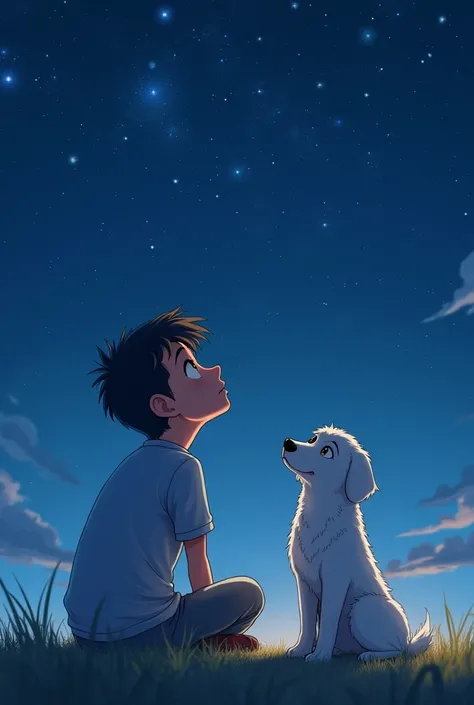 A teenager with his white dog looking at the stars 
