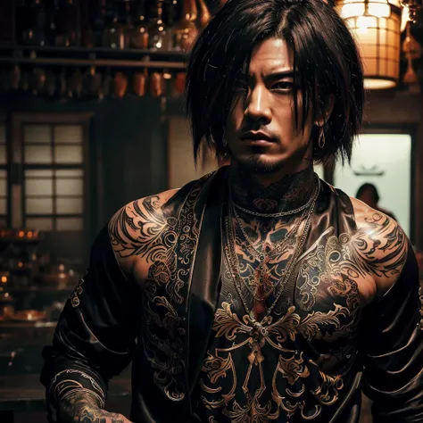 1 man, Japanese man, male, Asian eyes, muscular, broad shoulders, yakuza tattoos, hairstyle Visual Kei style, hair Visual Kei, black mens shirt and black pants, ultra detailed face, hyperrealistic, realistic representation, long hair, long hair, 30 years o...