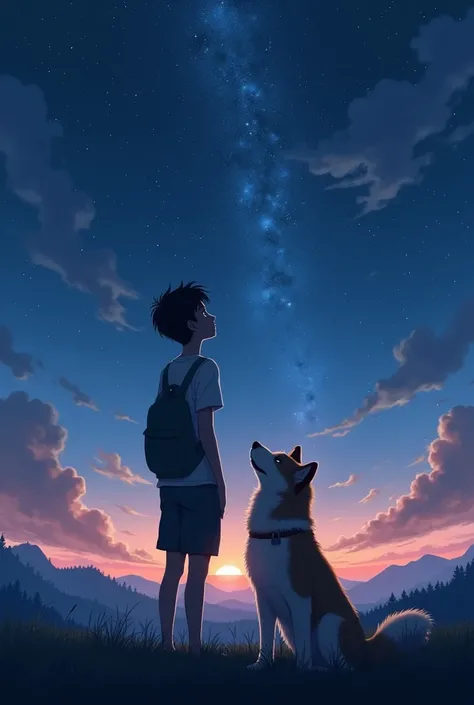 A teenager with his akita inu looking at the stars 
