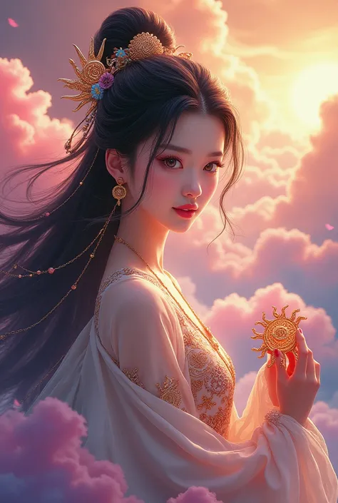 colorful clouds,Yamagishi,Chinese Goddess Girl,long flowing hair,hair accessories,earrings,jewelry,Wearing ancient fairy embroidered clothes,weapon sun moon wheel,Close up,