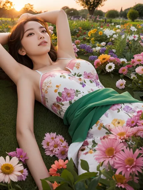 garden full of flowers, women lying down, arms up , uhd armpit details, sunset on the background