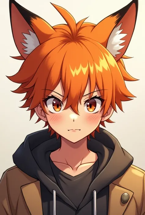 Mischievous looking anime guy with fox ears and orange hair smirking