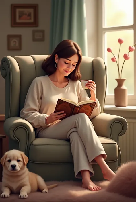 Mom with book and coffee and puppy 
