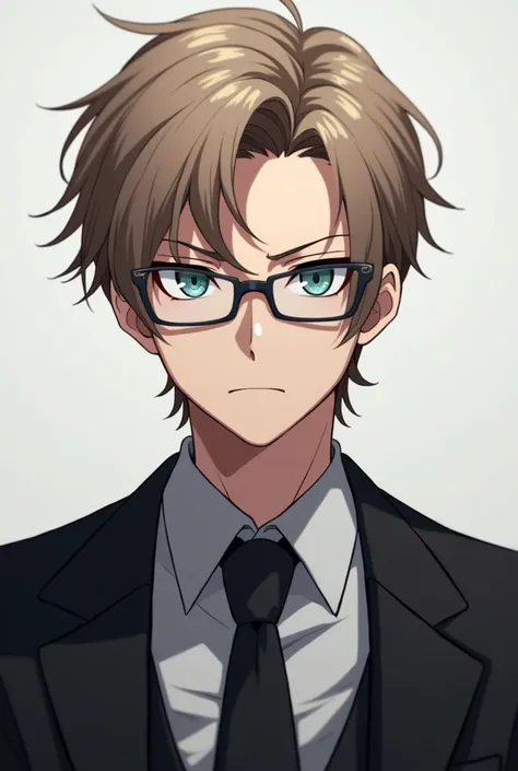 Realistic male anime character, looking straight ahead, dull ice blue eye color, with glasses, with black suit, cold and somewhat annoyed look , semi long hair, hairstyle, light brown hair color, estilo Jujutsu Kaisen, Mostly masculine features with a slig...