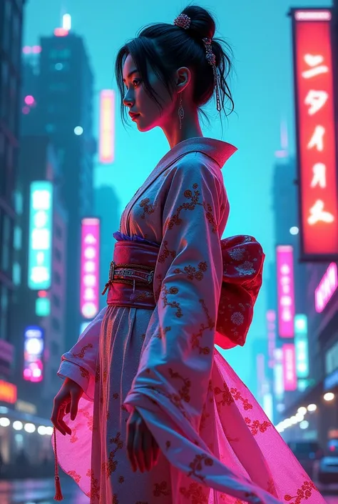 Japanese traditional dress, Katsushika Hokusai Style, (cyberpunk) (neon)