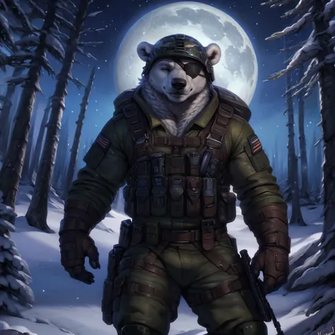 polar bear , (by personalami, by narse, by honovy, by tojo the thief), male, solo, polar bear, ursid, polar patroller, fur, muscular, smile, dark forest, night, moonlight, winter, clothed, wearing military uniform, camo, bottomwear, helmet, eyepatch, tacti...