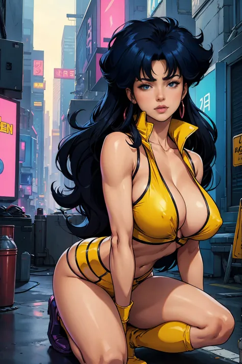 Yuri from The Dirty Pair wearing a skimpy yellow outfit, cleavage, Asian beauty, long black hair, cyberpunk city background