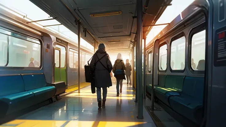 People passing by, landscape concept art, studio art, background animation, train, dim subway