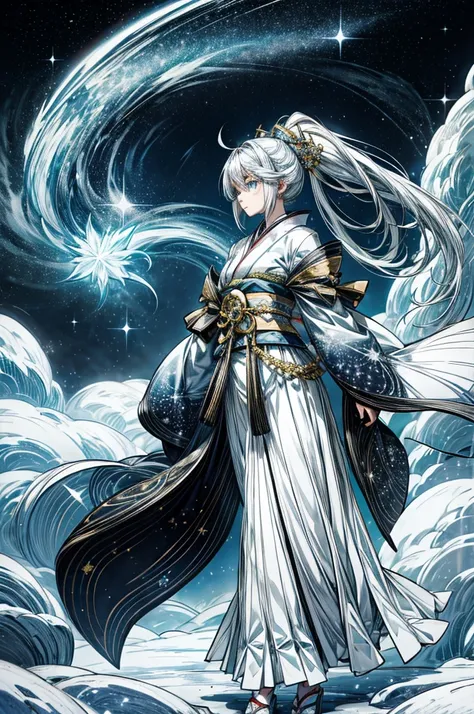 The Strongest Silver-Haired Girl　ephemeral　Mysterious　Best Quality　Starry Sky　Sparkle　emphasize　mysterious　kimono　goddess　universe　ponytail　front　whole