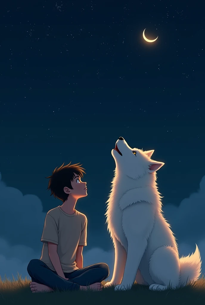 A teenager next to his dog, a white Akita Inu, looking at the stars

