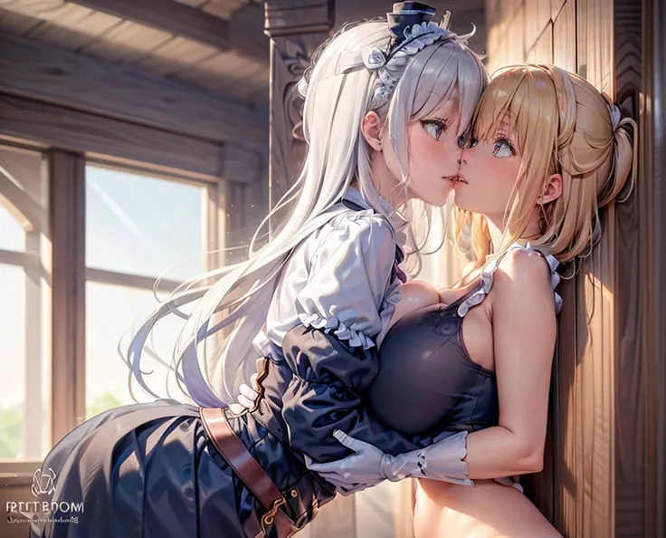 2 women, kissing, blush, hug, adorable expression, big breasts, White hair, dark purple hair, 1 brown skin, 1 white skin 