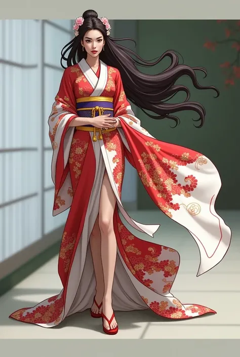 Edo period、Woman in kimono、Long Hair、Mixed race of Japanese and Italian、beautiful、