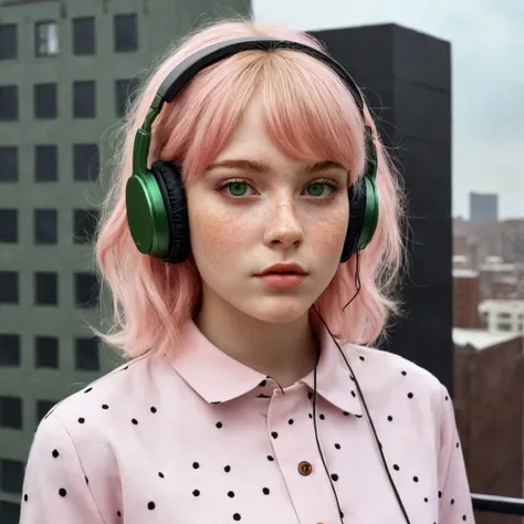 Create a realistic image of a blonde girl,has pastel pink highlights in her bangs,green eyes and freckles.
She will be on top of a building at night,listening to music with headphones.
His costume is identical to Spider-Man&#39;s,but it&#39;s white and pas...