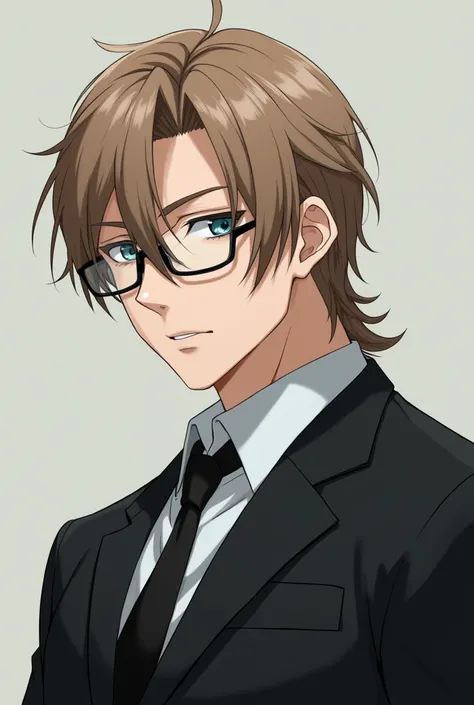 Realistic male anime character, looking straight ahead, dull ice blue eye color, with glasses, with black suit, Cold look, semi long hair, hairstyle, light brown hair color, estilo Jujutsu Kaisen, Masculine traits, that can be seen from the waist up 