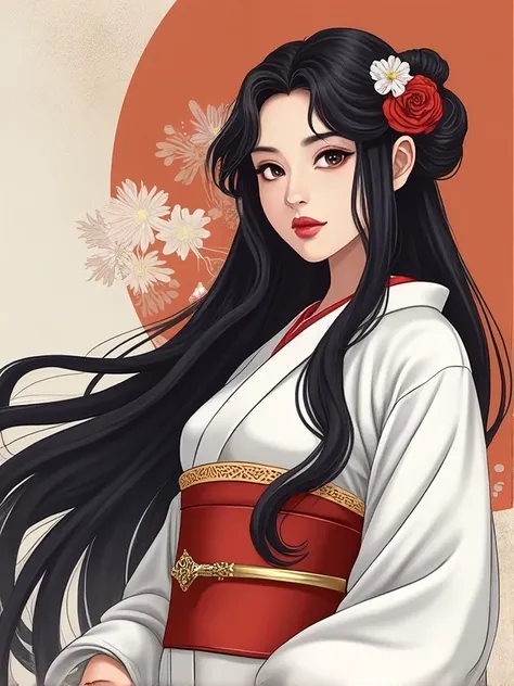 Edo period、Woman in kimono、Long Hair、Mixed race of Japanese and Italian、beautiful、