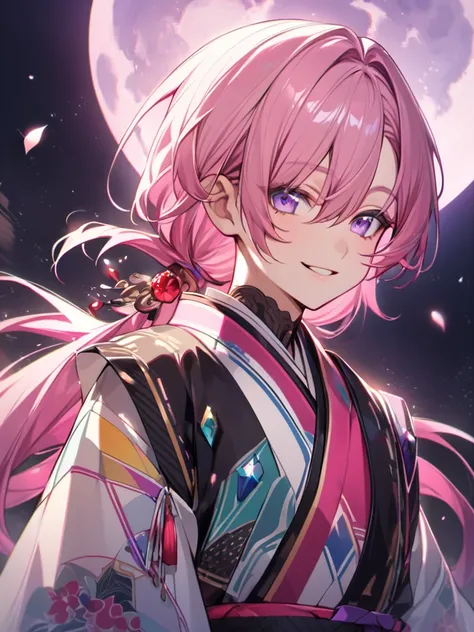 (pink_hair), (long_hair), (Purple_eye), (good looking), (Charming), (youth), (Full Moon Clothes、kimono), (detailed_hair), (detailed), (detailed_mouth),  (dark_Down_eye), (gem_Like_eye)lanthanum,low ponytail,smile