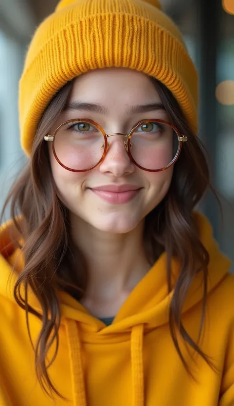 Beautiful Girl wearing yellow beanie and yellow hoodie, freckles: 0.8, closeup:0.8, round clear sunglasses