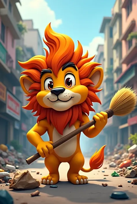 A cartoon with it’s face in shape of gujarat and body like a lion. It is holding a broom in its hand. The background is a urban city full of waste . The whole scene is cartoon based. Title of the scene is “CLEAN GUJARAT”.