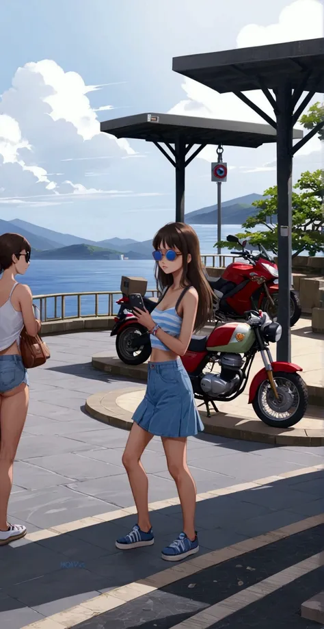 realistic anime illustration of young woman is holding a smartphone and carrying bag at hill, sea (+motorbike, monkey) on background, nice sky, she is in brown long hair (+forehead, sunglasses on head), wears indigo-blue denim jacket, pastel blue camisole,...