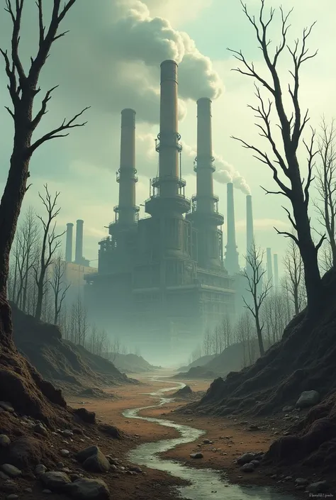 Machine

Foreground*: A barren, industrial wasteland with broken trees and polluted water.

- *Background*: Factories emitting smoke, rusting machinery, and a cloudy, overcast sky.

- *Details*: Include piles of waste and other signs of environmental degra...