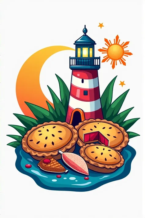 Colorful creative pasalubong centre logo design Philippines flag with pies ,fish and 
totes lighthouse and titled "TATAK CALATAGUEÑO" pasalubong centre 
