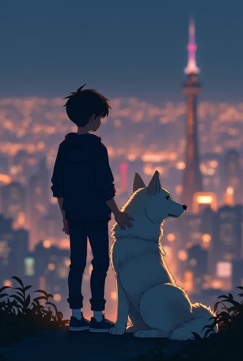 A teenager and his dog, a white Akita Inu, with their backs turned and looking at the lights of a city 

