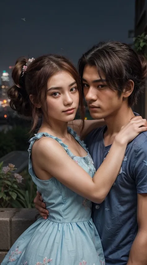 2teenage couple girl and men , asian, dark_skin, red hair, random hair styles,hugging woman from behind while they are facing to camera, beautiful and cute woman, natural lips, soft smile, mini short blue dress with flower patterned bubble sleeves, with pe...