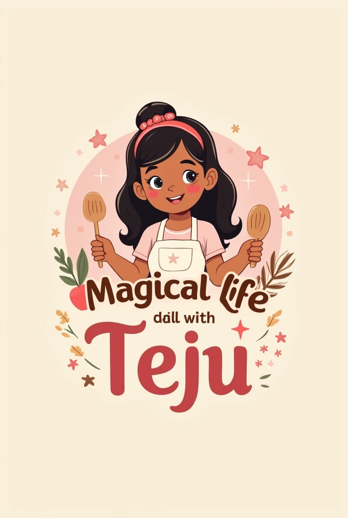 A logo, indicate that cooking and daily lifestyle for cute female housewife character. The logo name is  "magical life with teju"