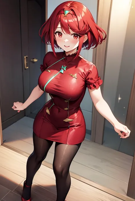 Pyra Homura, short reddish hair with ponytail, red dress with black lines, red headband, high-heeled slippers, one-room setting, friendly smile, slight blush, loving and cute attitude, cute and beautiful woman, 